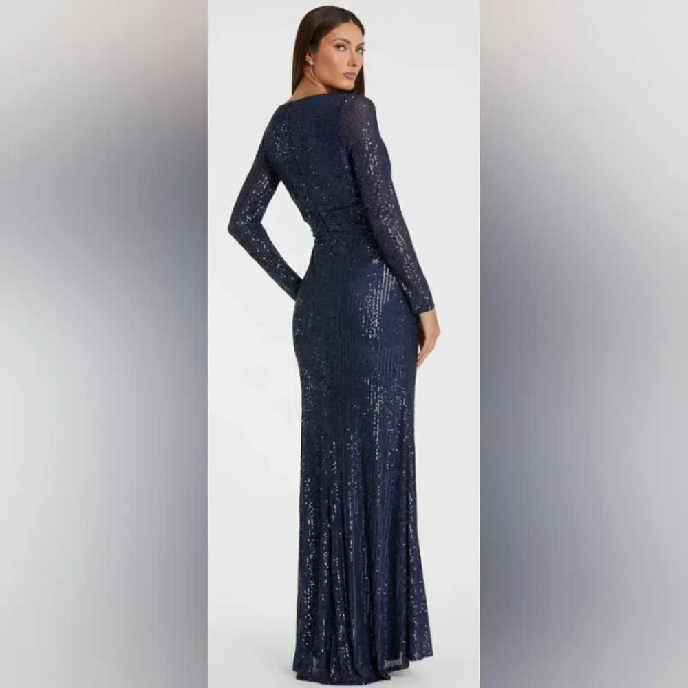 Mac Duggal 26490 Sequined Long Sleeve Gown NWOT size 16 Midnight Blue
